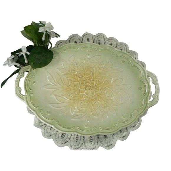 Serving Tray Ceramic Double Handles Embossed Raised Floral Pattern 12.5" - Picture 11 of 11